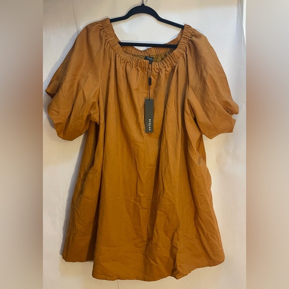Beulah Style Nolan Camel Linen Mini Dress Lined Pockets Puff Sleeve Size Large - Picture 3 of 13